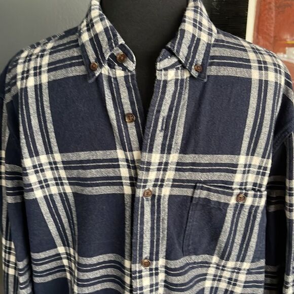 J. Crew Rugged navy plaid button down shirt w/ faux suede elbow patches. Medium - Picture 2 of 6